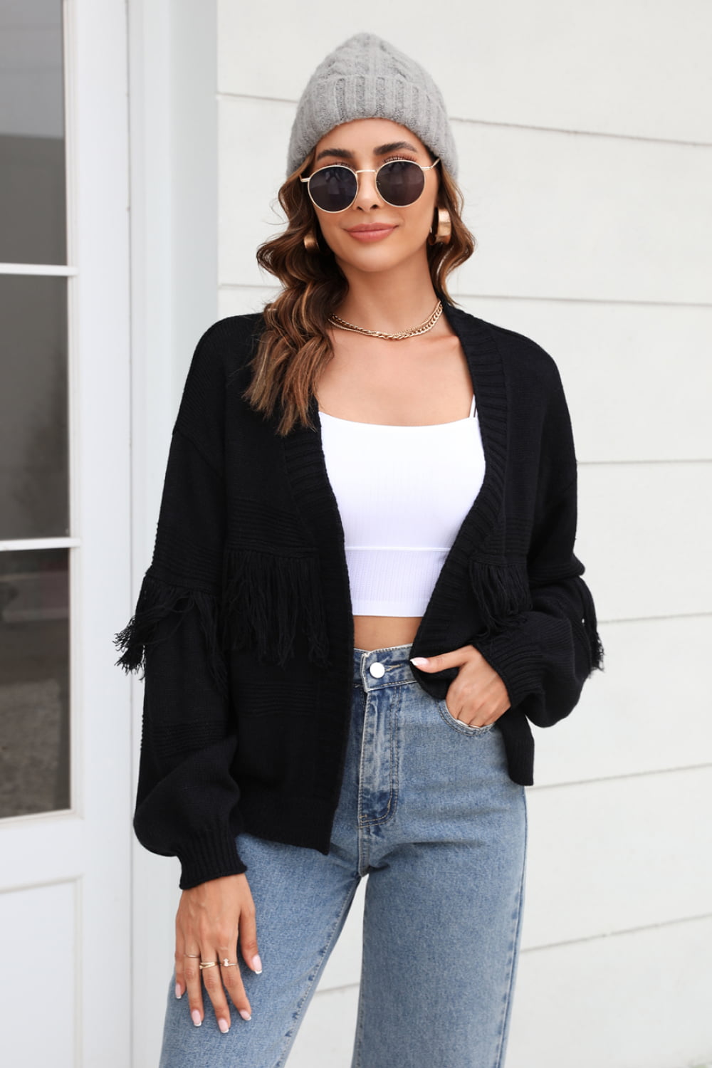Double Take Fringe Trim Open Front Cardigan Trendsi