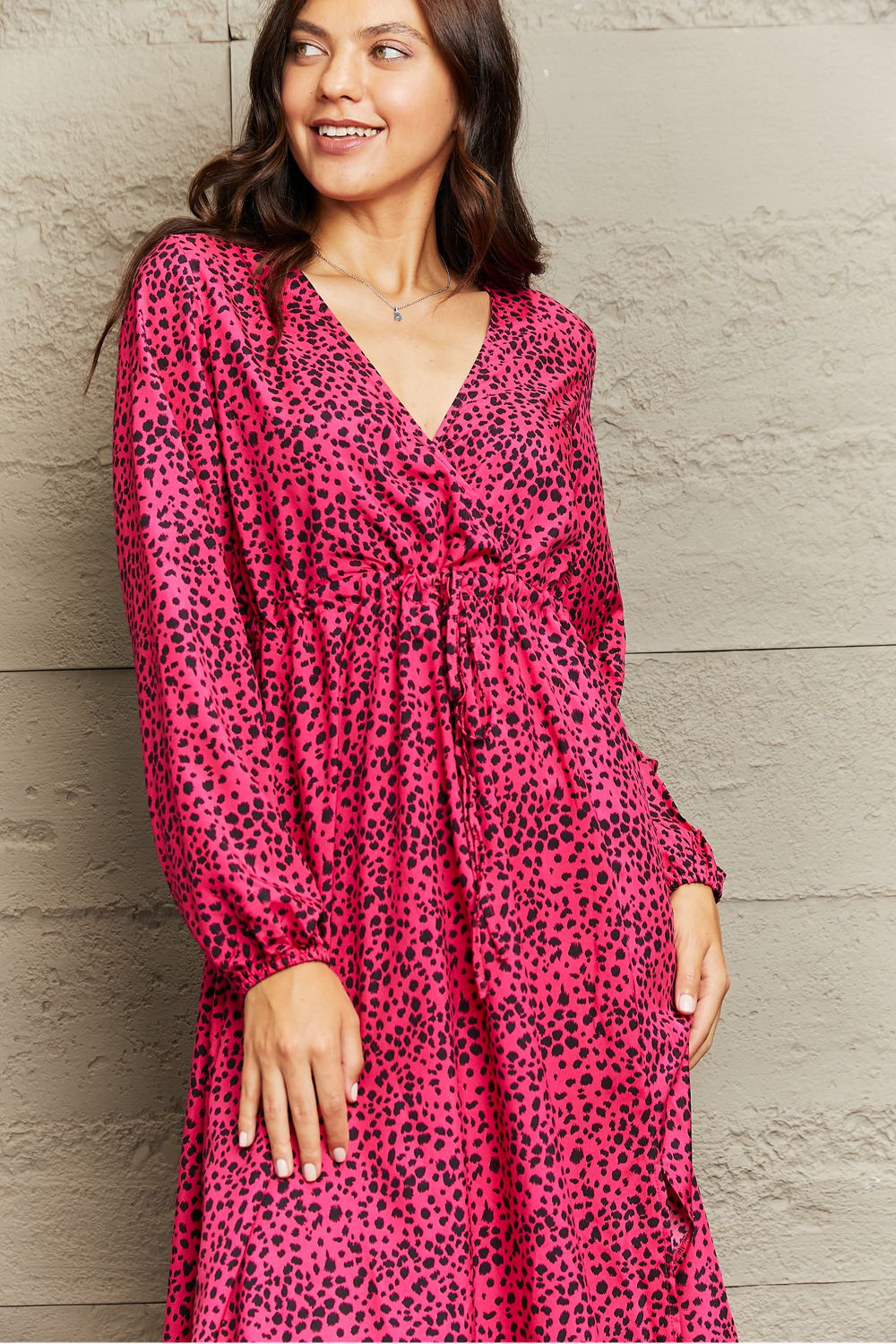 Printed Surplice Neck Long Sleeve Slit Dress Trendsi