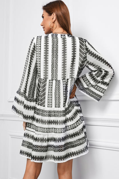 Printed Notched Neck Flare Sleeve Tiered Dress Trendsi