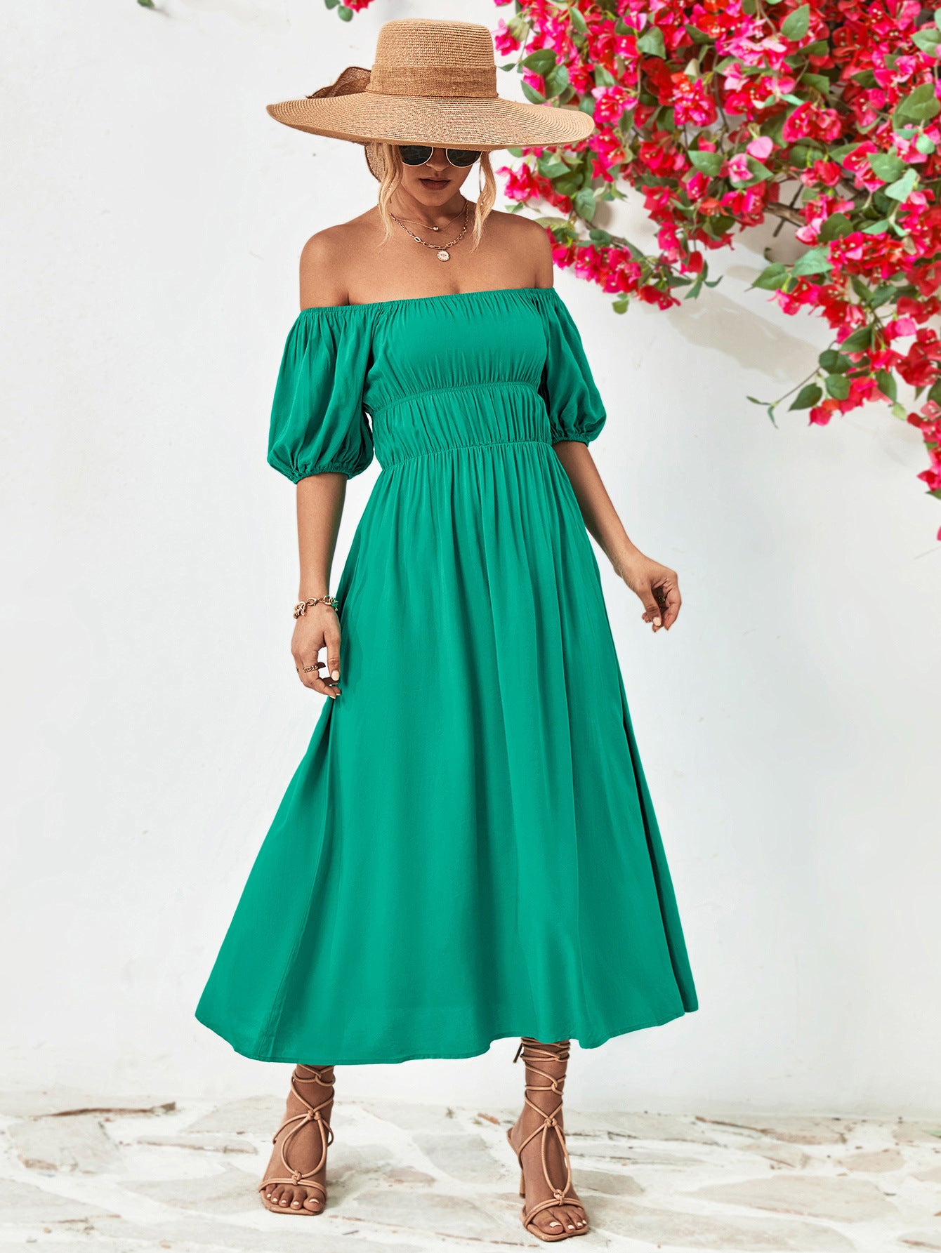 Off-Shoulder Balloon Sleeve Midi Dress Trendsi