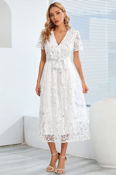 Sequin Leaf Embroidery Tie Front Short Sleeve Dress Trendsi