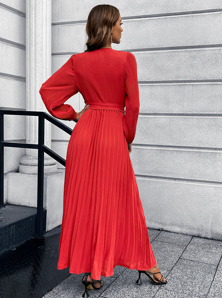 V-Neck Tie Waist Pleated Maxi Dress Trendsi