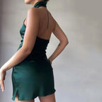 Satin Halter Sleeveless Dress-Green aclosy