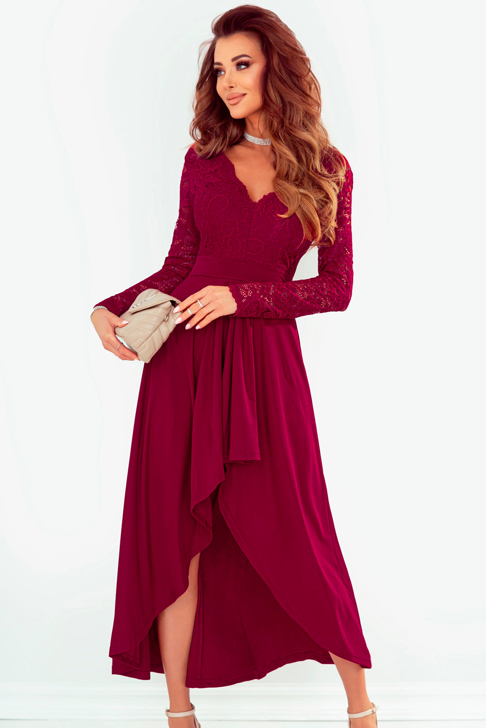 Lace High-Low V-Neck Dress Trendsi