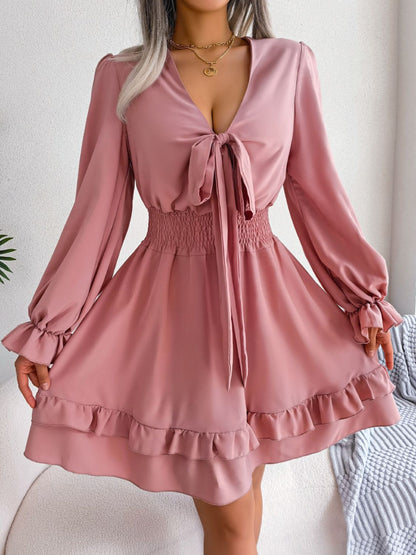 Tie Front Smocked Waist Flounce Sleeve Dress Trendsi