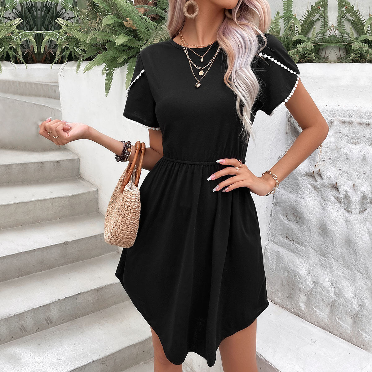 Round Neck Petal Sleeve Dress with Pockets Trendsi