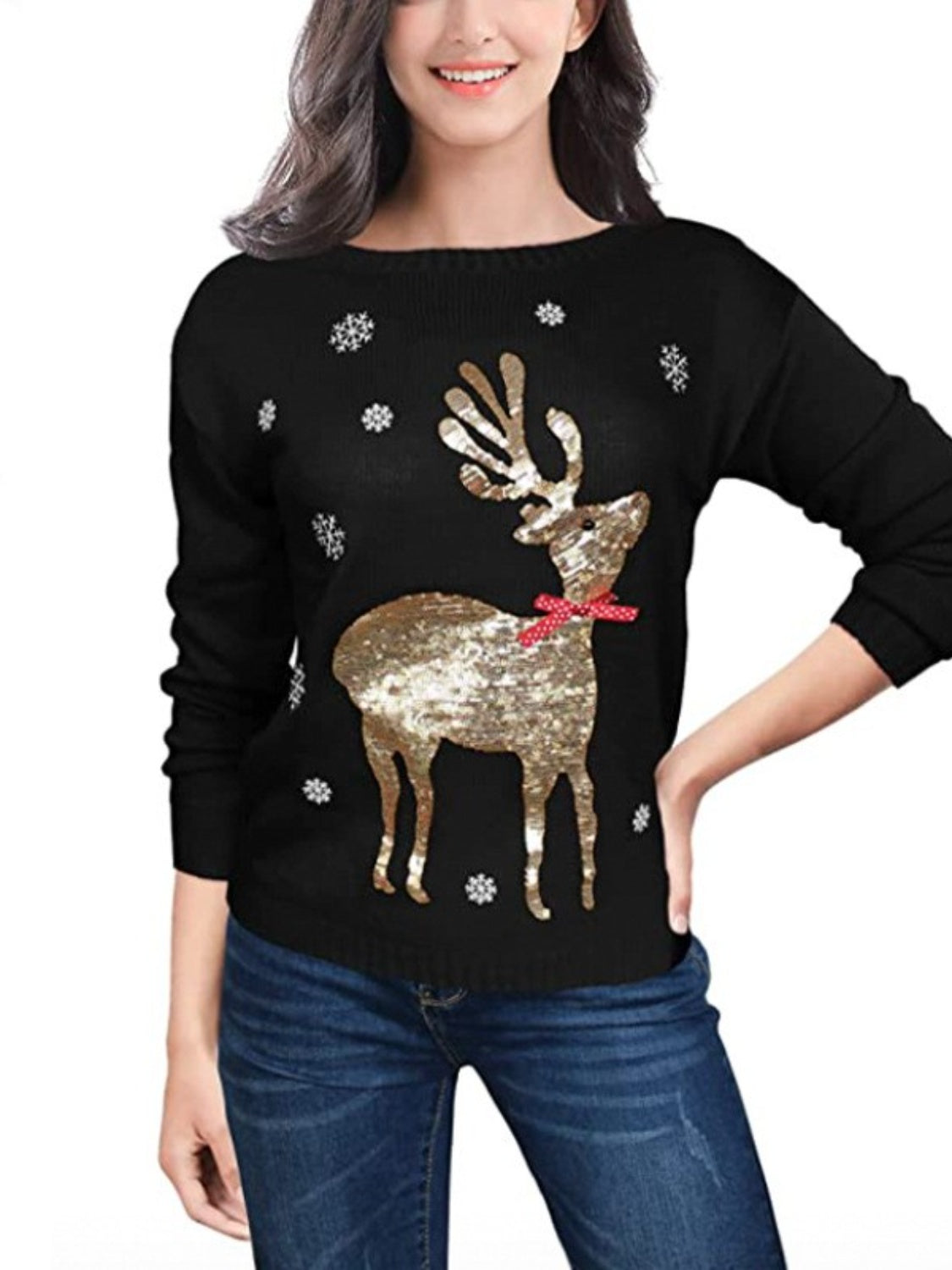 Sequin Reindeer Graphic Sweater Trendsi