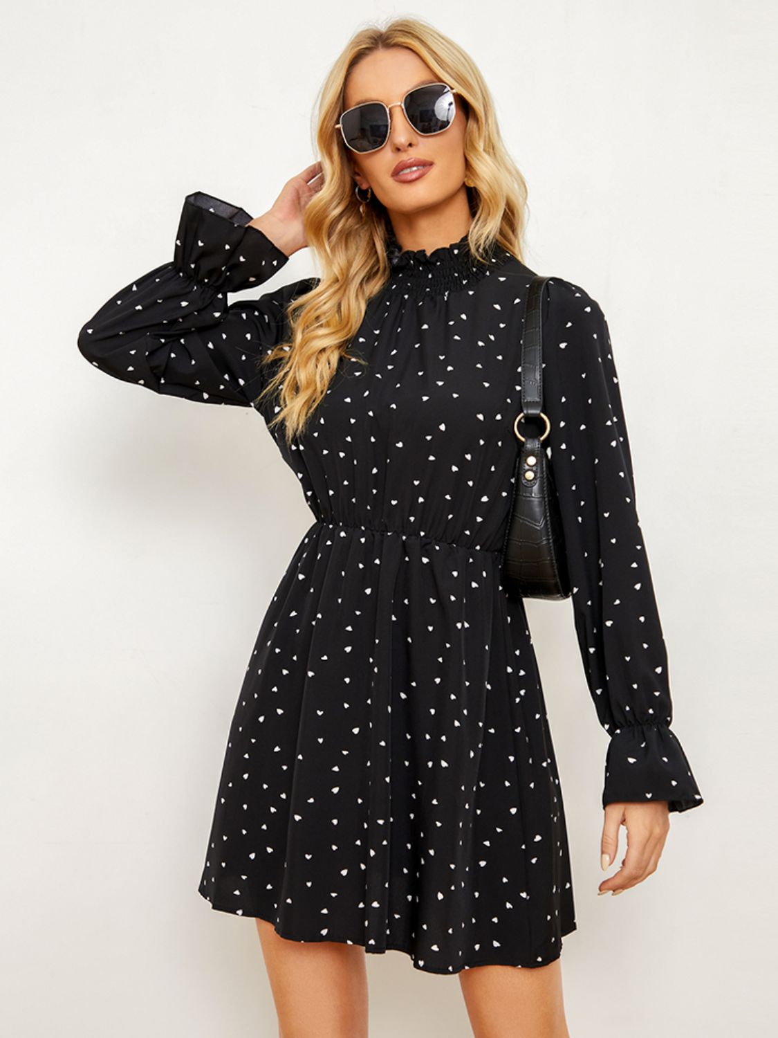 Printed  Long Flounce Sleeve Frill Neck Dress Trendsi