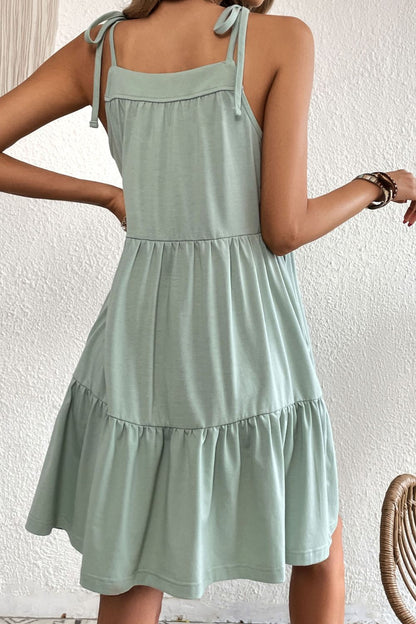 Tie-Shoulder Tiered Dress with Pockets Trendsi