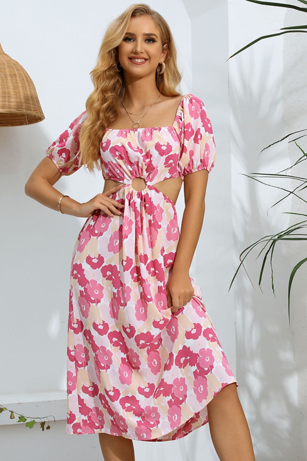 Floral Cutout Square Neck Puff Sleeve Dress Trendsi