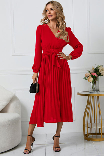 V-Neck Long Sleeve Tie Waist Midi Dress Trendsi