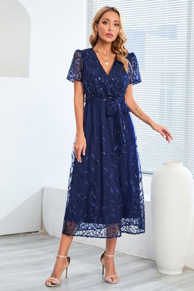 Sequin Leaf Embroidery Tie Front Short Sleeve Dress Trendsi