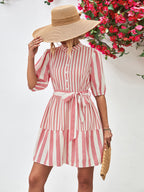 Striped Half Sleeve Tie Waist Mini Dress Trendsi