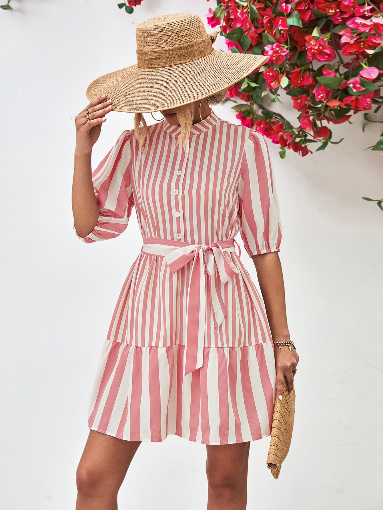 Striped Half Sleeve Tie Waist Mini Dress Trendsi