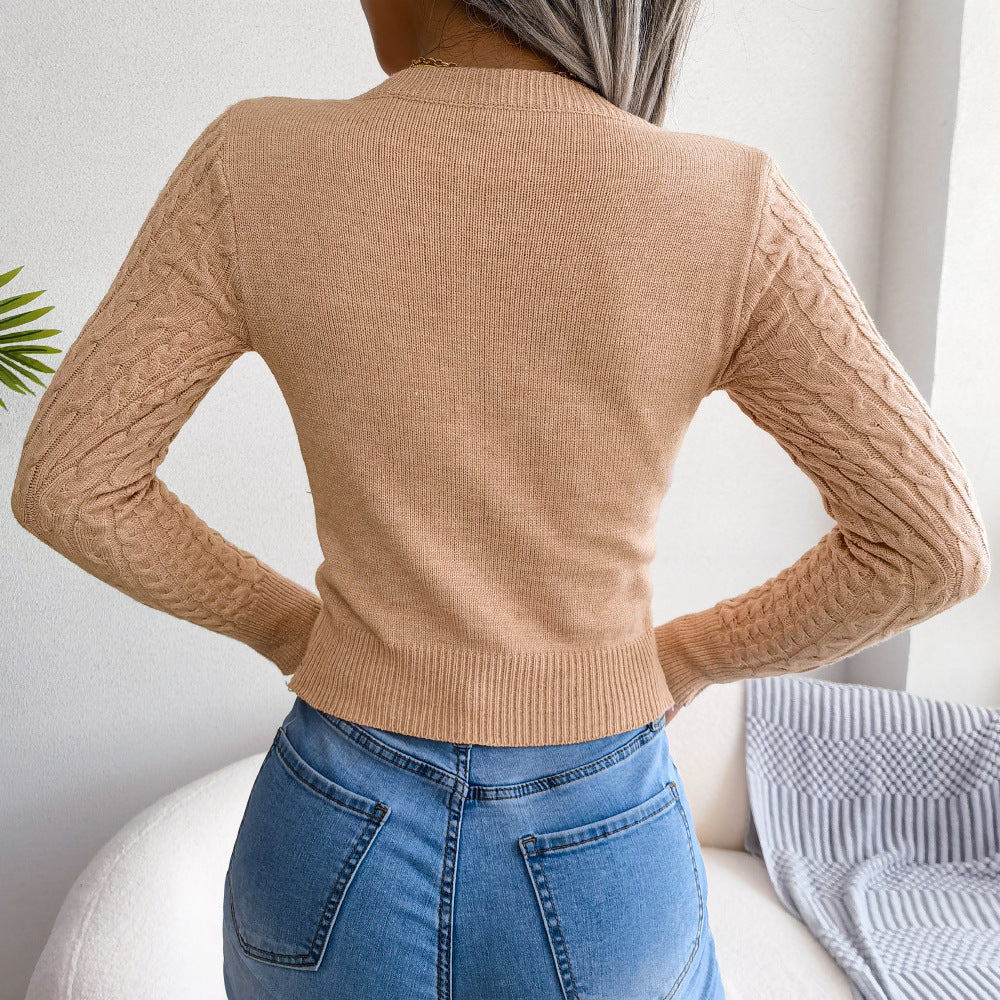 Cutout Cable-Knit Round Neck Sweater Trendsi