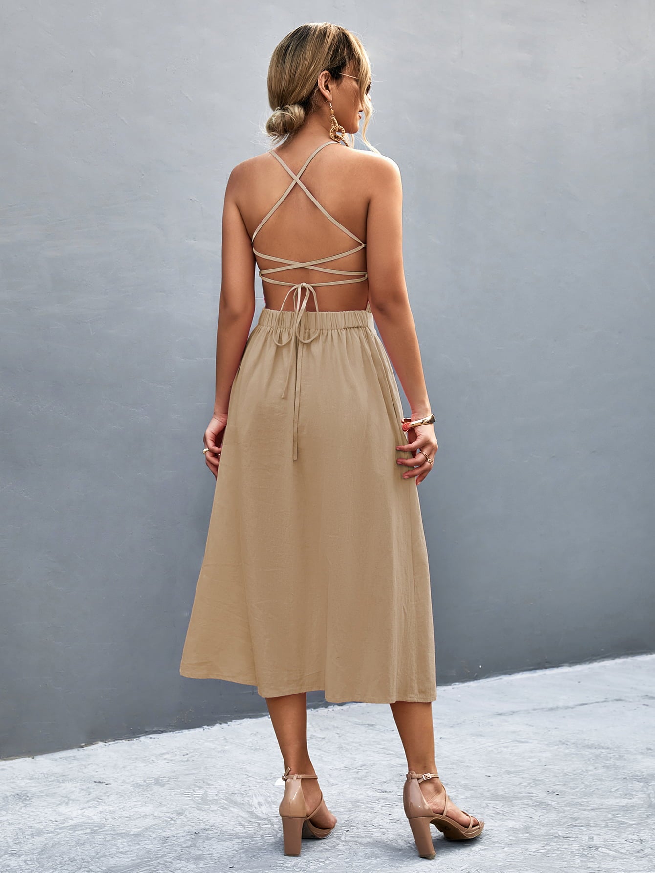 Buttoned Halter Neck Frill Trim Midi Dress Trendsi