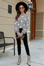 Heart Pattern Lantern Sleeve Round Neck Tunic Sweater Trendsi