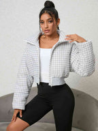 Houndstooth Zip-Up Jacket Trendsi