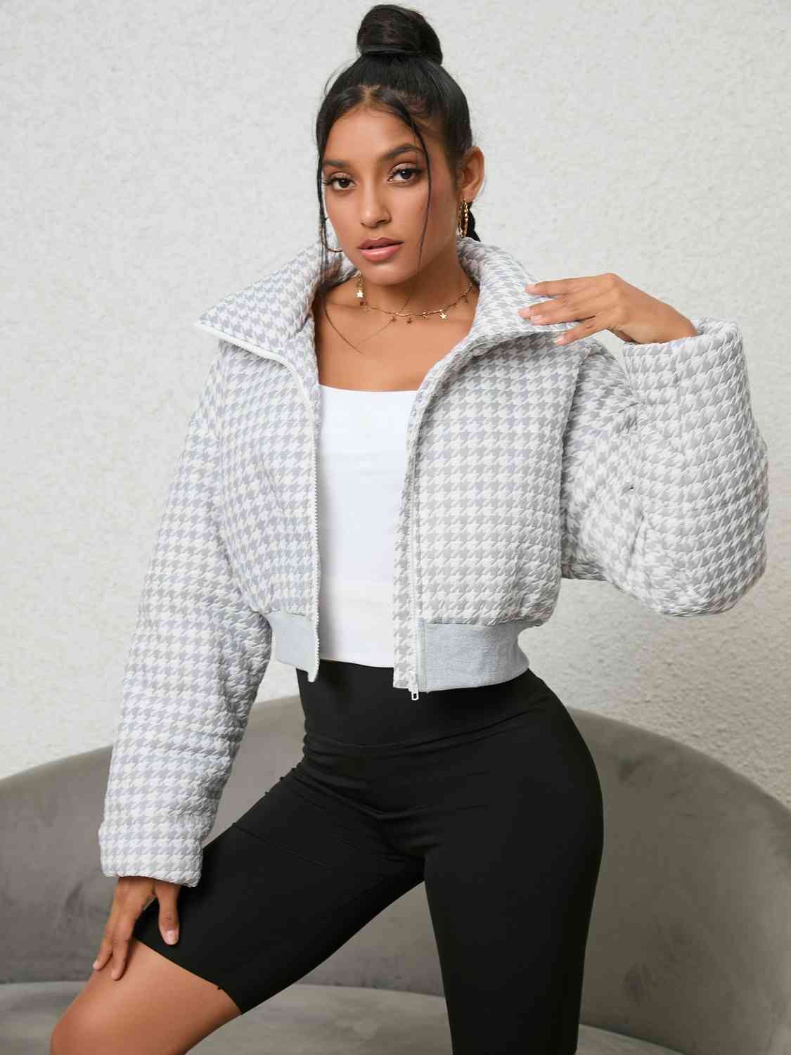 Houndstooth Zip-Up Jacket Trendsi