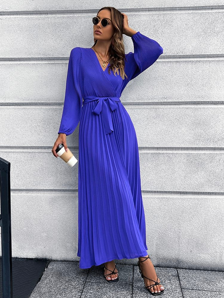 V-Neck Tie Waist Pleated Maxi Dress Trendsi