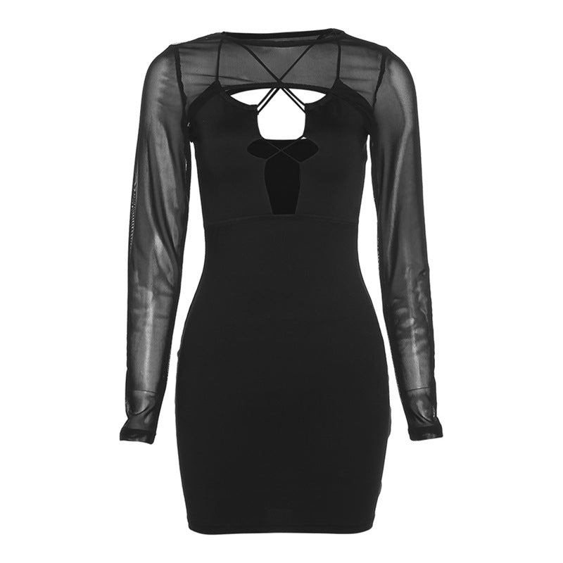 Alyia Black Mesh Cross Mini Dress Hollow Out aclosy