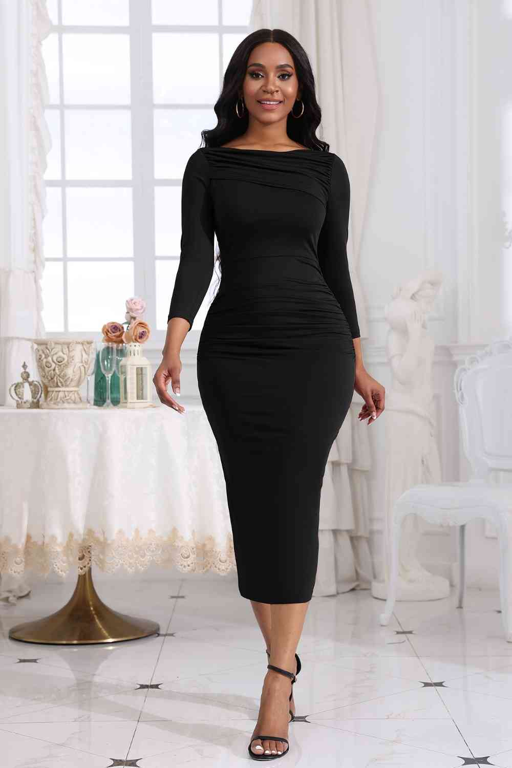 Ruched Boat Neck Midi Dress Trendsi