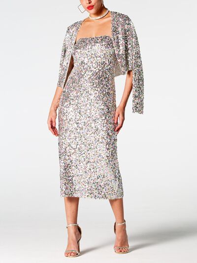 Sequin Cardigan and Straight Dress Set Trendsi