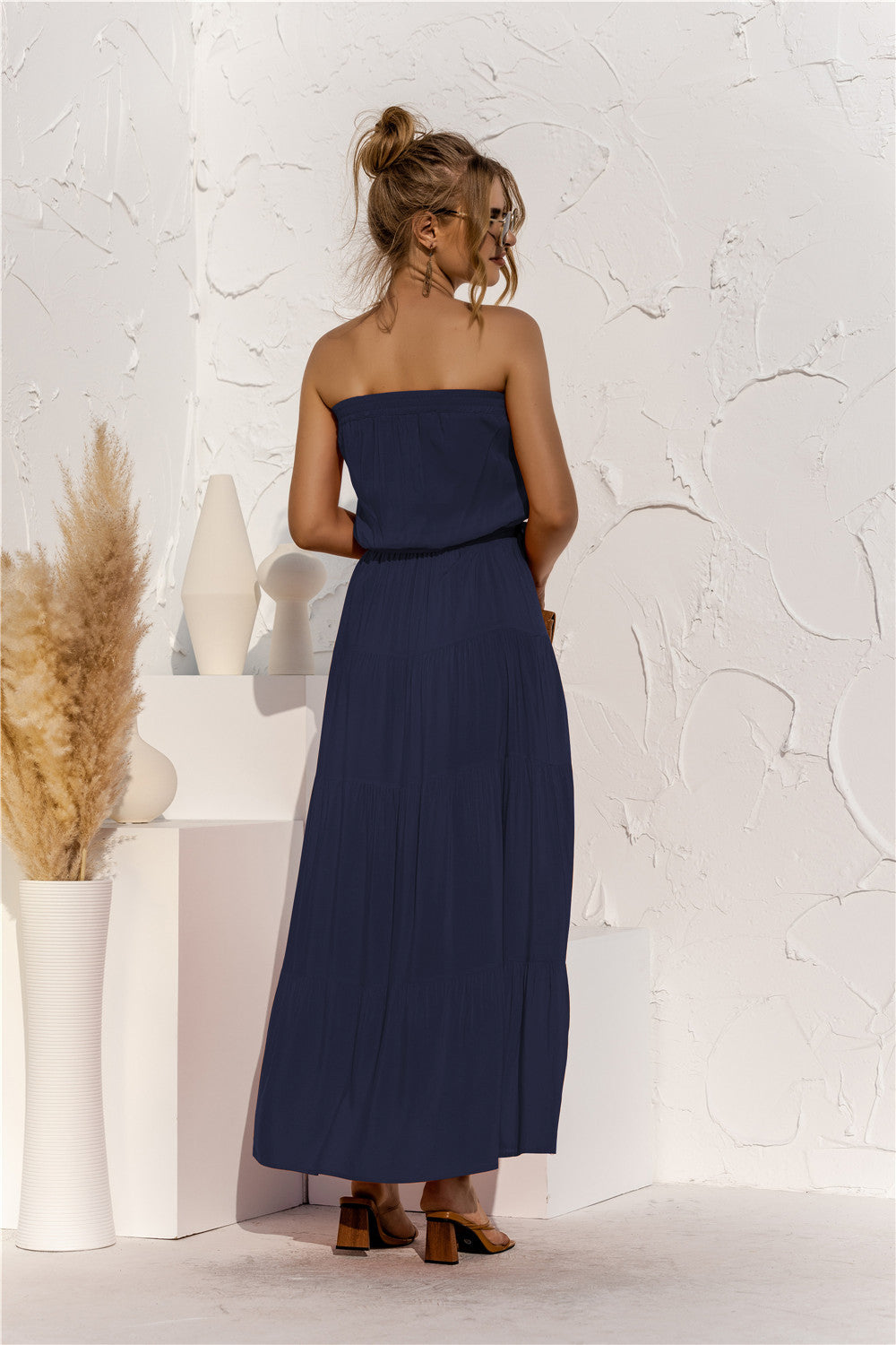 Strapless Tie Waist Tiered Maxi Dress Trendsi