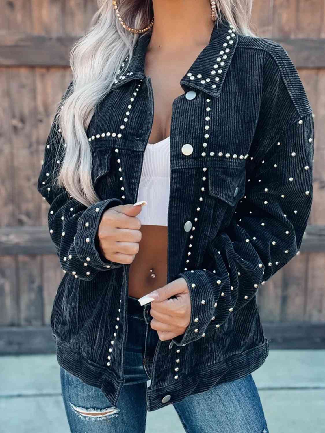 Studded Collared Neck Button Down Jacket Trendsi