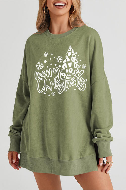 MERRY CHRISTMAS Round Neck Long Sleeve Slit Sweatshirt Trendsi