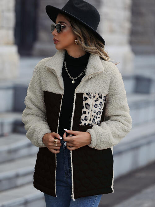 Leopard Color Block Zip-Up Jacket Trendsi