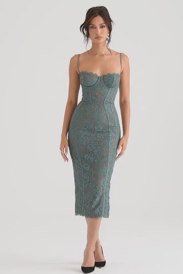 LOTTE FOREST LACE MIDI DRESS-GREENY