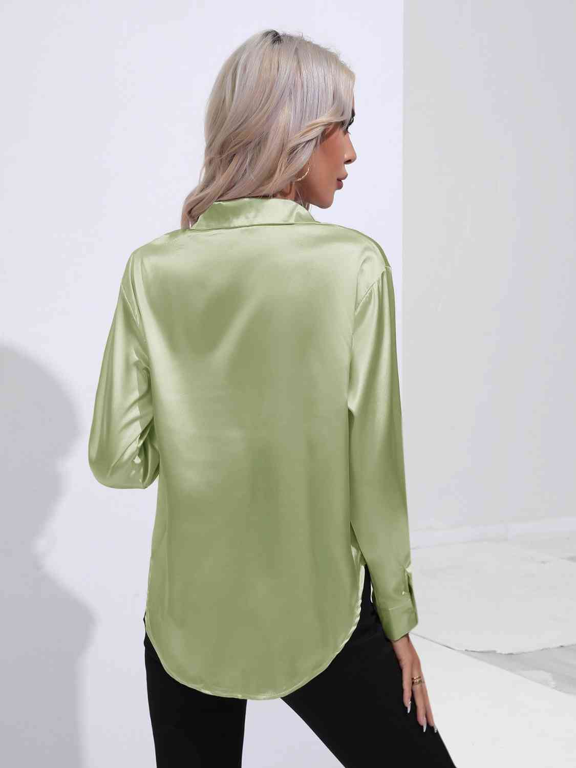 Collared Neck Buttoned Long Sleeve Shirt Trendsi