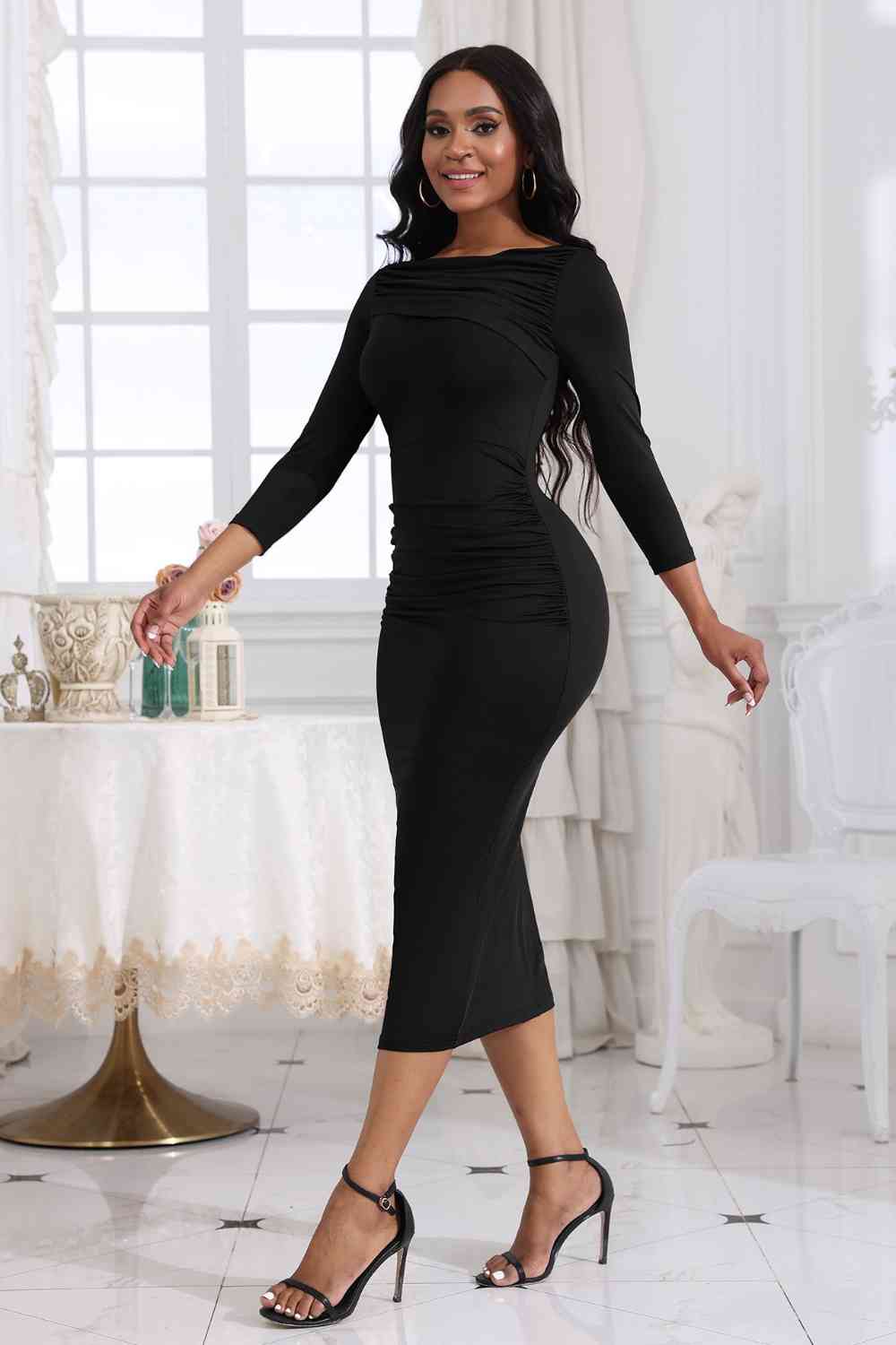 Ruched Boat Neck Midi Dress Trendsi