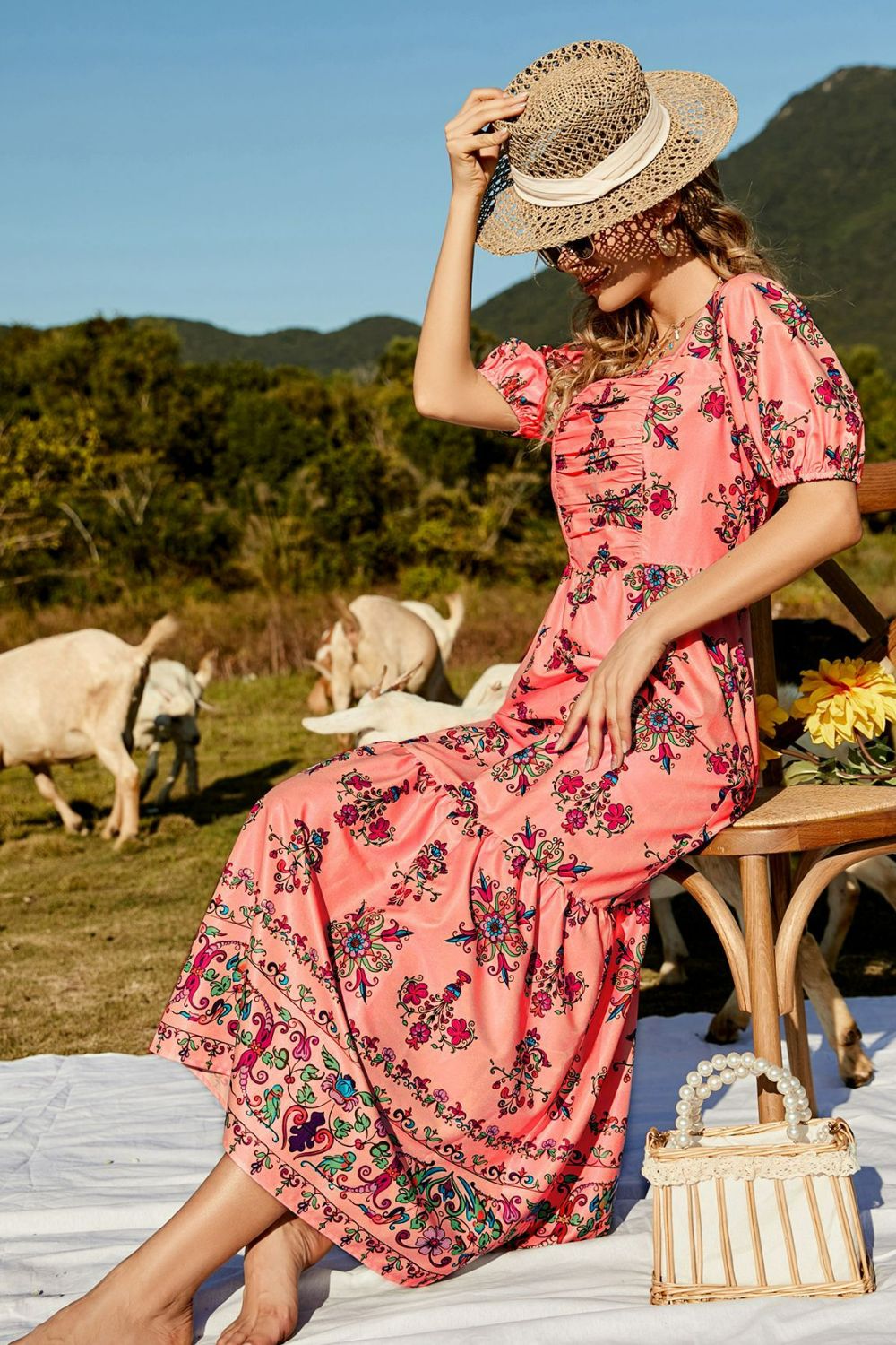 Floral Ruched Puff Sleeve Tiered Maxi Dress Trendsi