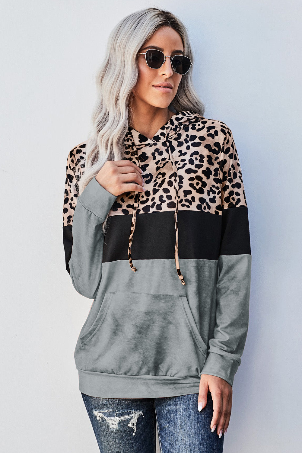 Leopard Color Block Hoodie Trendsi