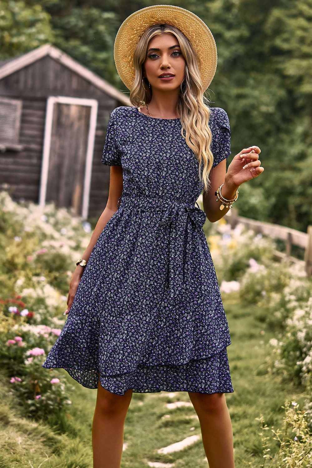 Belted Round Neck Petal Sleeve Mini Dress Trendsi