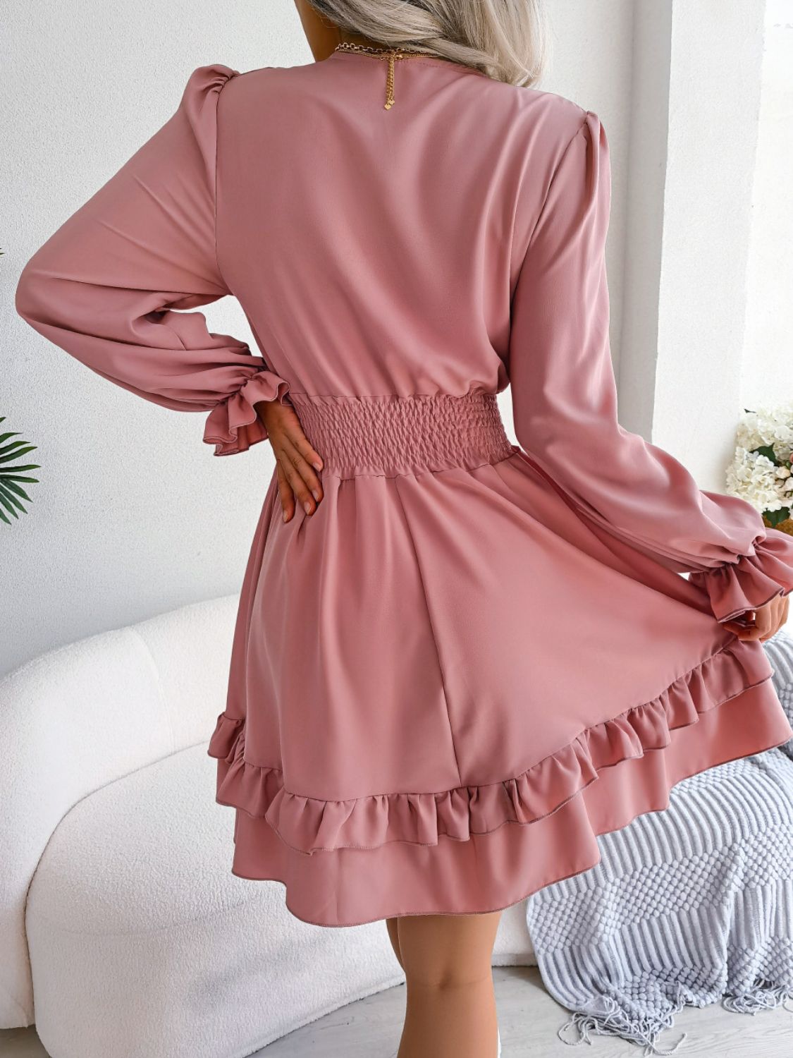 Tie Front Smocked Waist Flounce Sleeve Dress Trendsi