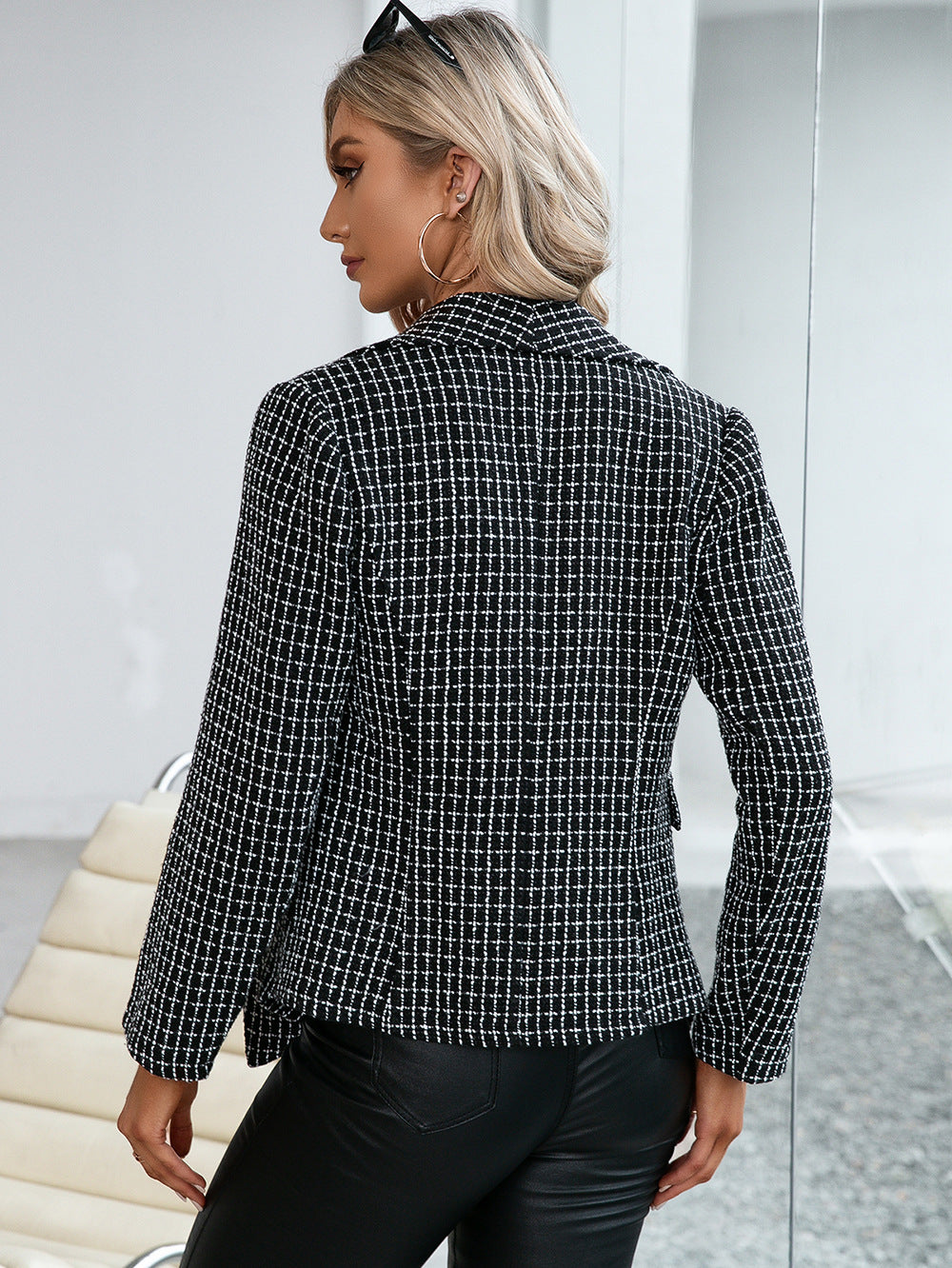 Plaid Double Breasted Long Sleeve Jacket Trendsi