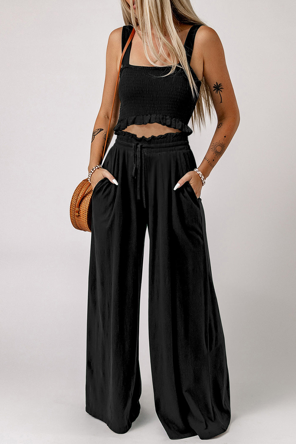 Square Neck Cropped Tank Top and Long Pants Set Trendsi