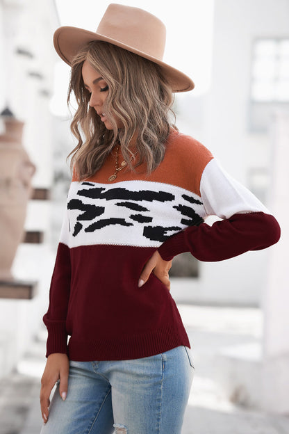 Leopard Color Block Ribbed Trim Dropped Shoulder Sweater Trendsi