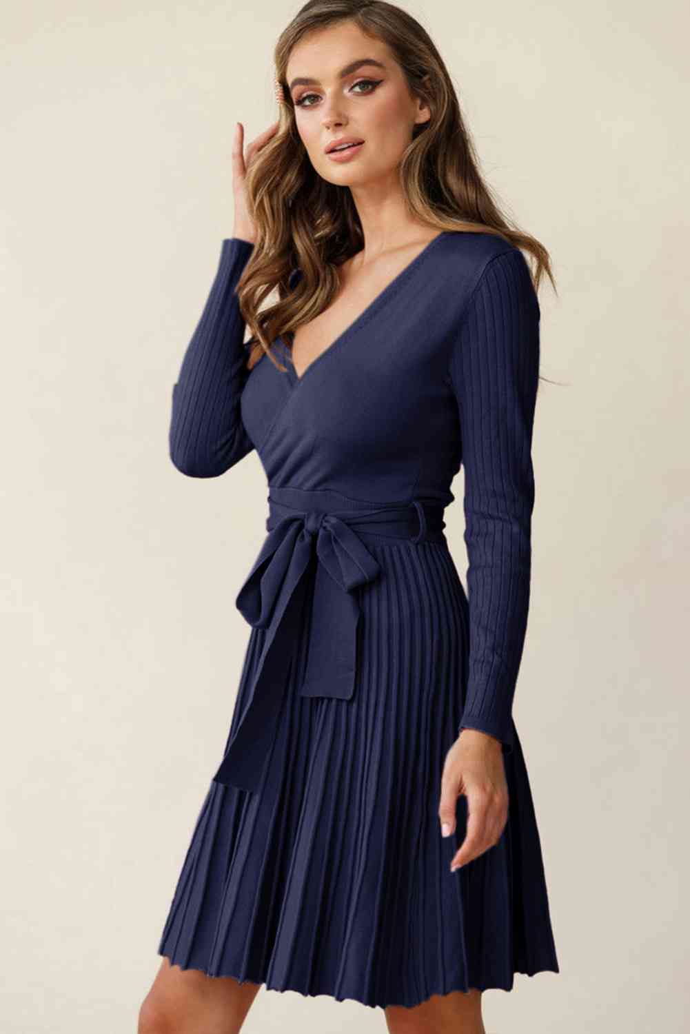 Surplice Neck Tie Waist Pleated Dress Trendsi