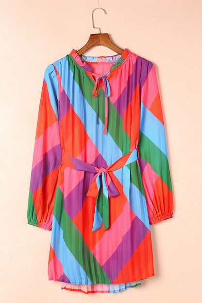 Multicolored Tie-Waist Pleated Balloon Sleeve Dress Trendsi