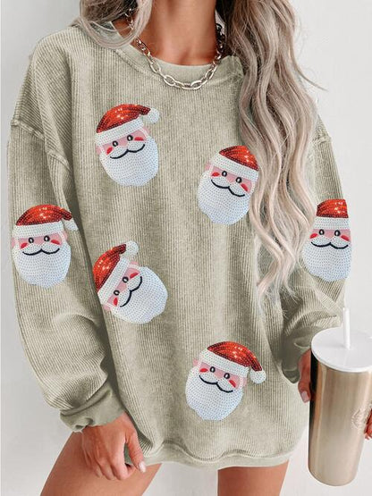 Sequin Santa Patch Ribbed Sweatshirt Trendsi