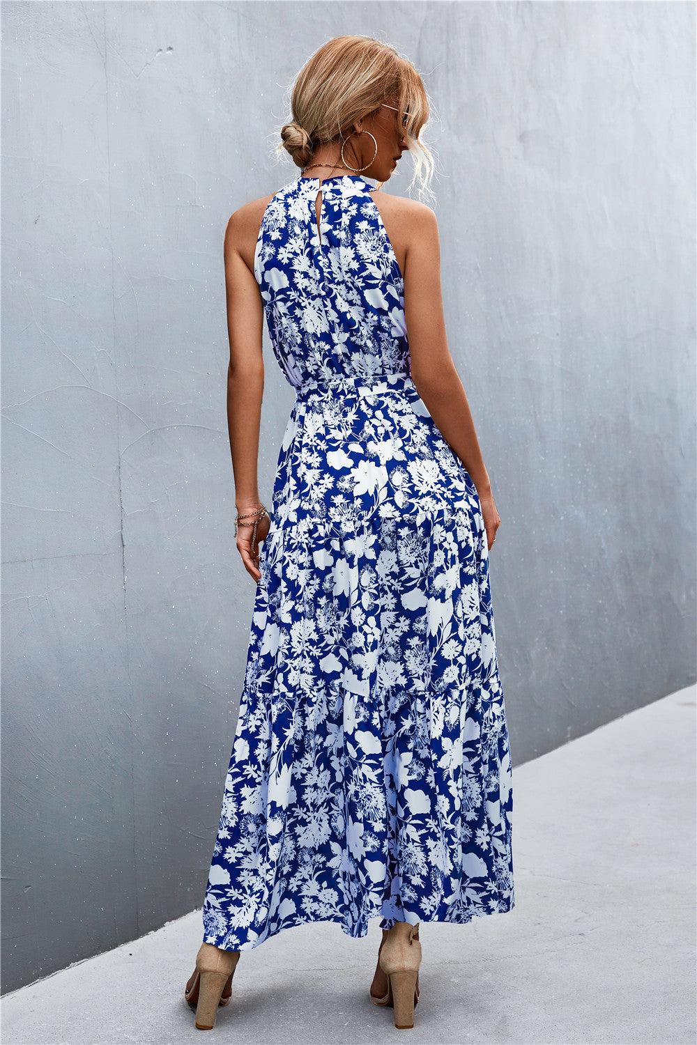 Printed Sleeveless Tie Waist Maxi Dress Trendsi