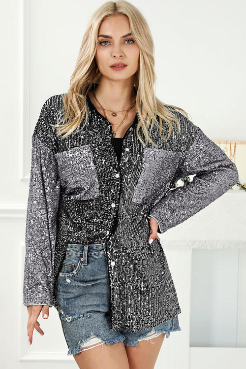 Sequin Button Up Collared Neck Shirt Trendsi