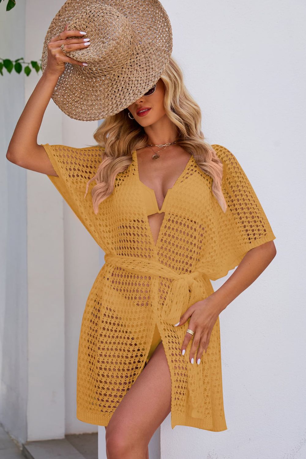 Openwork Tie Waist Cover Up Trendsi