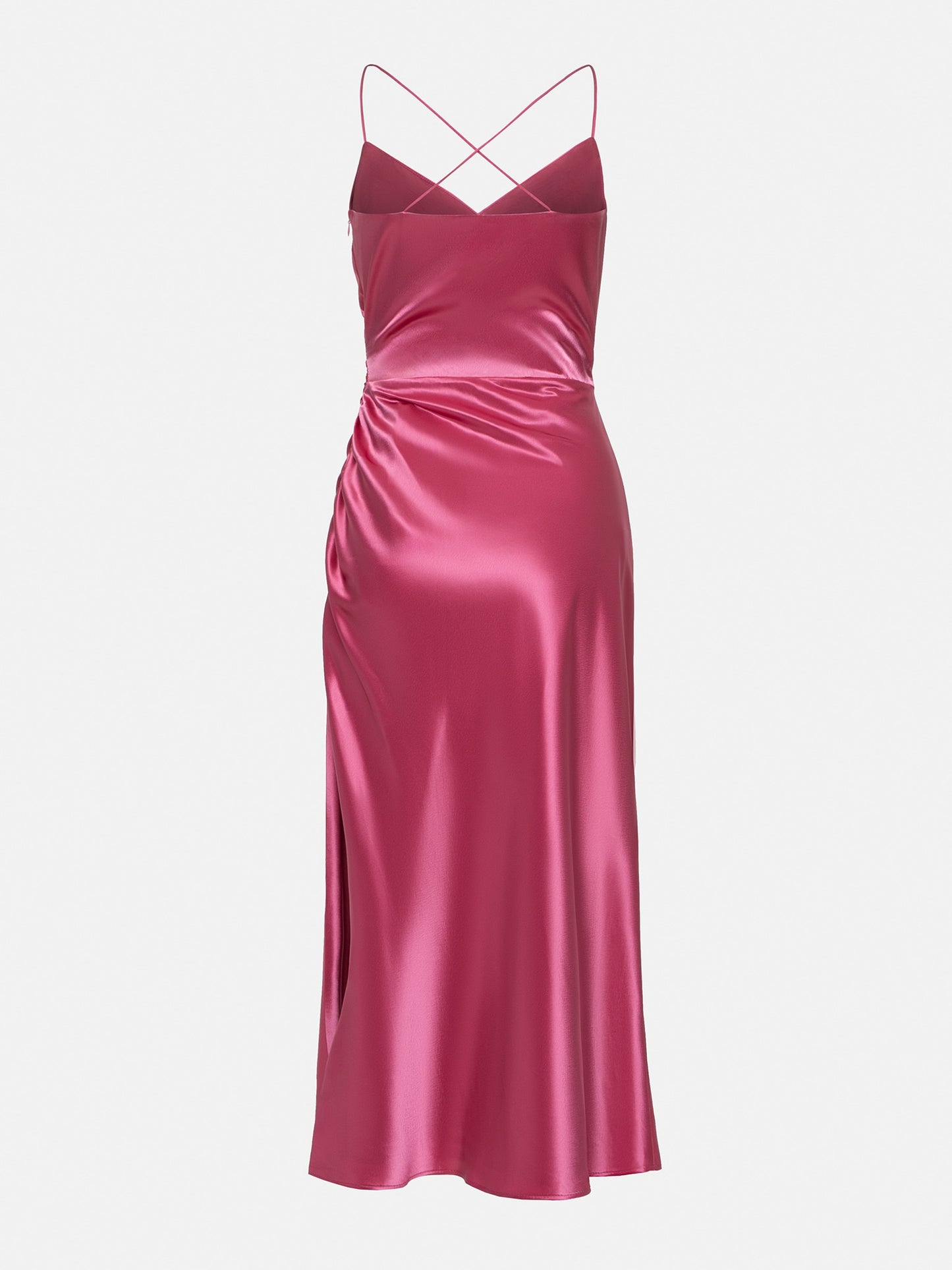 Satin V-neck Side Gathered Dress aclosy