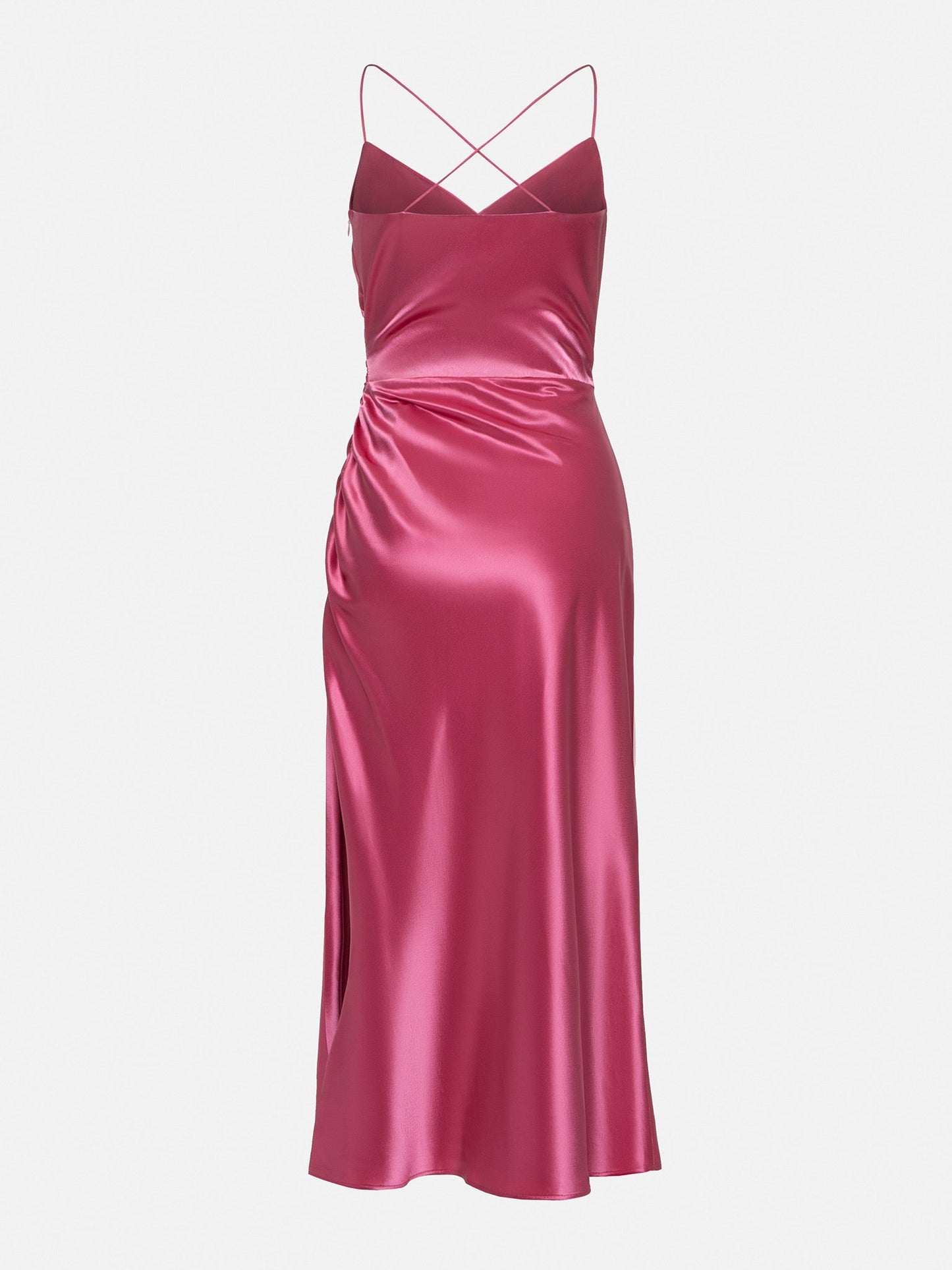 Satin V-neck Side Gathered Dress-Pink aclosy