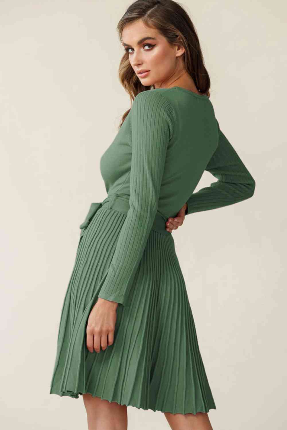 Surplice Neck Tie Waist Pleated Dress Trendsi